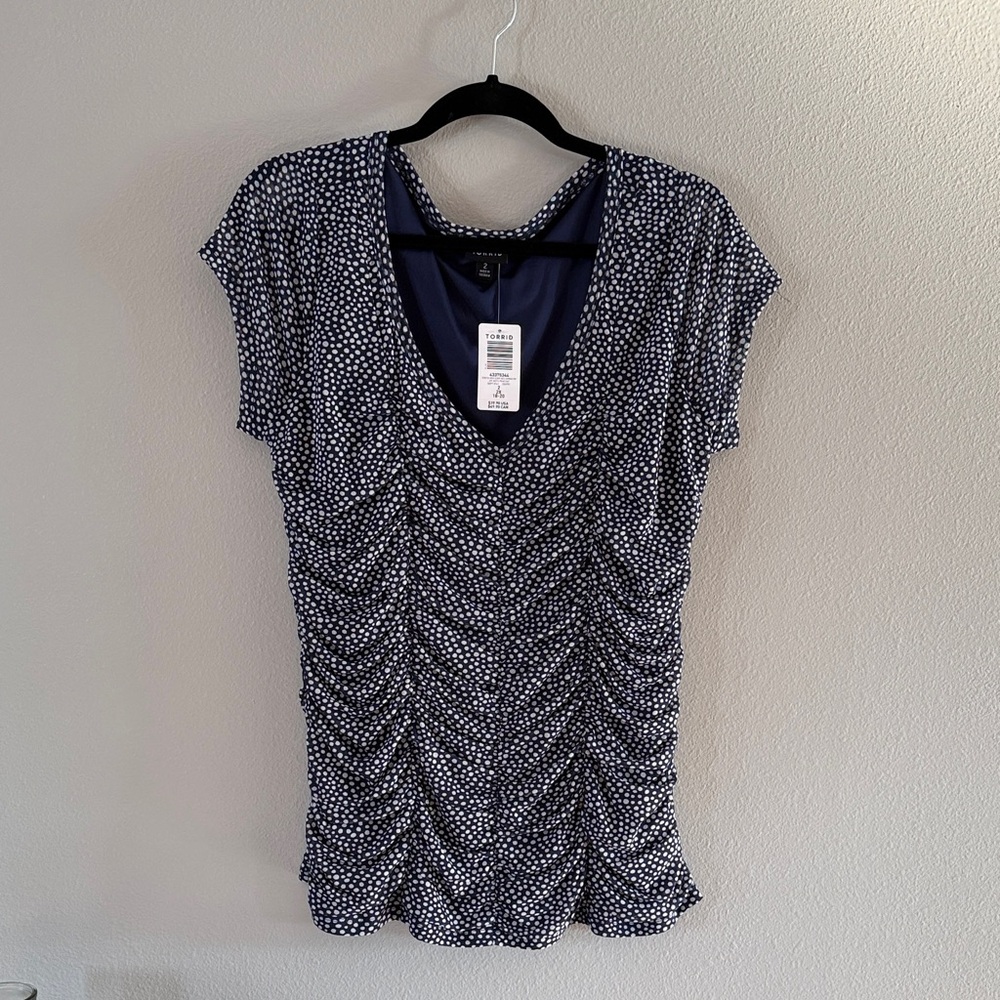 Torrid Navy and White Ruched Polka Dot Tee